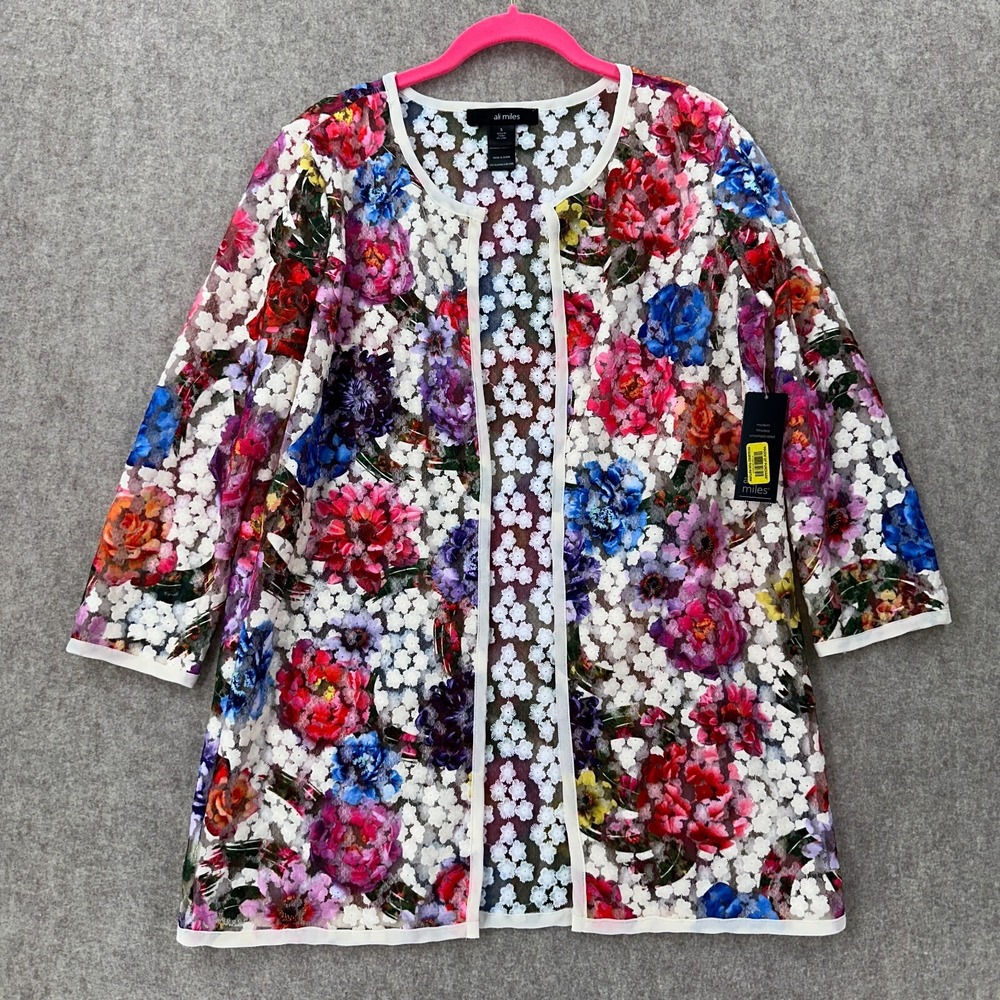 NWT Ali Miles Sheer Cardigan SMALL‎ Colorful Embroidered Floral Mesh Floral